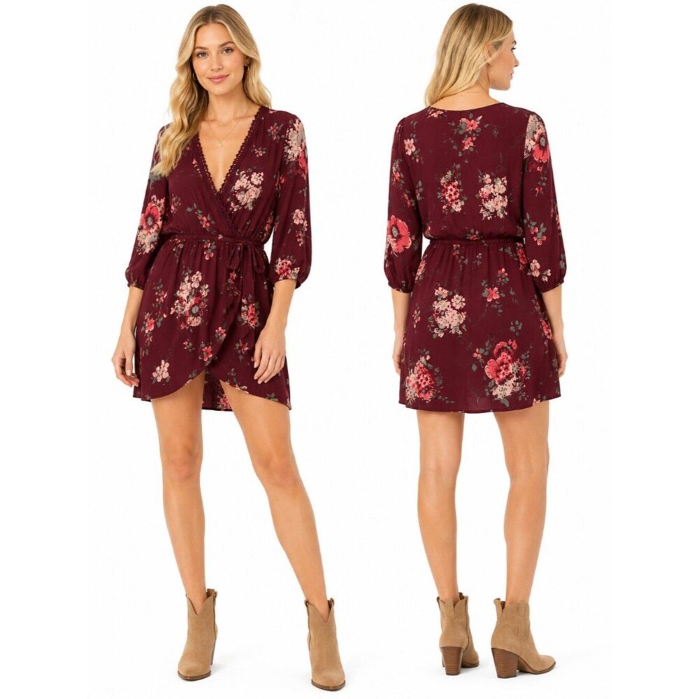 Band of Gypsies Boho Floral Faux Wrap Mini Dress Women Burgundy Rayon Size L